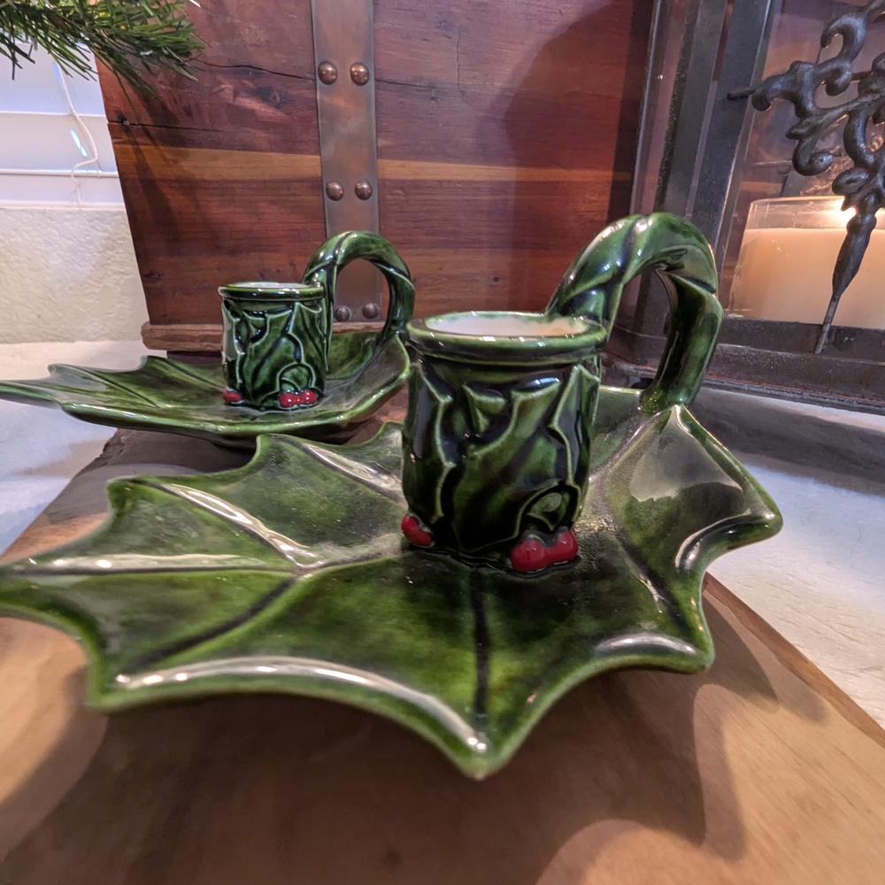 Vintage Ceramic Holly Barry Leaf Design Candlestick Holders